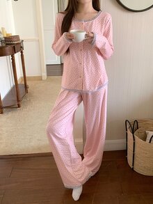 DAZY 2pcs/Set Women's Sweet Lace Patchwork Floral Loose Long Sleeve Cardigan Top & Straight Long Pajama Pants Sleepwear Set - Pink - View 4