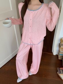 DAZY 2pcs/Set Women's Sweet Lace Patchwork Floral Loose Long Sleeve Cardigan Top & Straight Long Pajama Pants Sleepwear Set - Pink - View 8