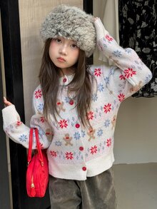 Dazy Kids Tween Girl Casual Long Sleeve Autumn/Winter Thick Knit Jacquard Cardigan - Beige - View 4