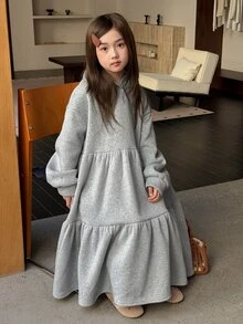 Dazy Kids فستان كاجوال طويل الأكمام بقصة A-Line مع بطانية رأس للفتيات المراهقات، خريف/شتاء - رمادي - مشاهدة 7