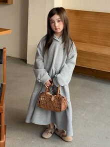 Dazy Kids فستان كاجوال طويل الأكمام بقصة A-Line مع بطانية رأس للفتيات المراهقات، خريف/شتاء - رمادي - مشاهدة 3