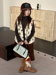 Dazy Kids Tween Girl Sleeveless Vest Top Thick Autumn/Winter Ditsy Floral Outerwear - Apricot - View 3