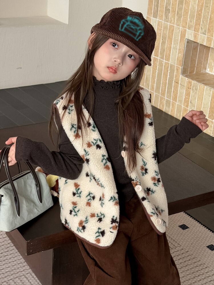 Dazy Kids Tween Girl Sleeveless Vest Top Thick Autumn/Winter Ditsy Floral Outerwear - Apricot - View 4
