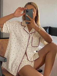 DAZY 女款夏季波點滿版印花 100% 純棉對比滾邊短袖短褲休閒居家睡衣套裝 - 白色 - 查看 6