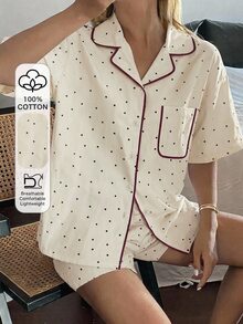 DAZY 女款夏季波點滿版印花 100% 純棉對比滾邊短袖短褲休閒居家睡衣套裝 - 白色 - 查看 4