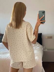 DAZY 女款夏季波點滿版印花 100% 純棉對比滾邊短袖短褲休閒居家睡衣套裝 - 白色 - 查看 2