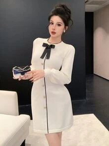 DAZY Women's Bow Decor Single-Breasted Long Sleeve Elegant Knit Dress - Beige - View 10