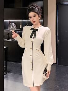 DAZY Women's Bow Decor Single-Breasted Long Sleeve Elegant Knit Dress - Beige - View 2