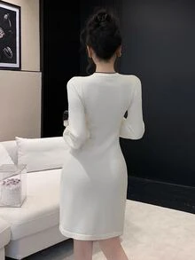 DAZY Women's Bow Decor Single-Breasted Long Sleeve Elegant Knit Dress - Beige - View 6