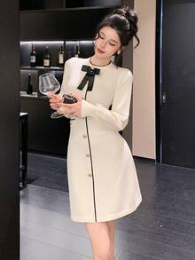 DAZY Women's Bow Decor Single-Breasted Long Sleeve Elegant Knit Dress - Beige - View 8