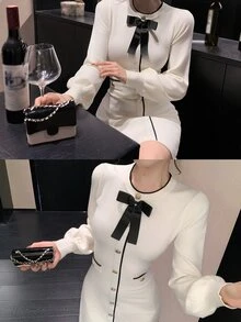 DAZY Women's Bow Decor Single-Breasted Long Sleeve Elegant Knit Dress - Beige - View 1