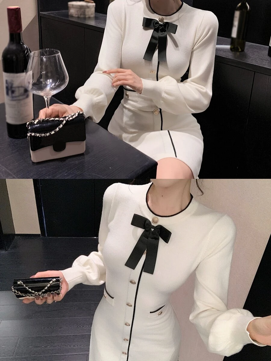 DAZY Women's Bow Decor Single-Breasted Long Sleeve Elegant Knit Dress - Beige - View 1