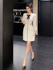 DAZY Women's Bow Decor Single-Breasted Long Sleeve Elegant Knit Dress - Beige - View 3