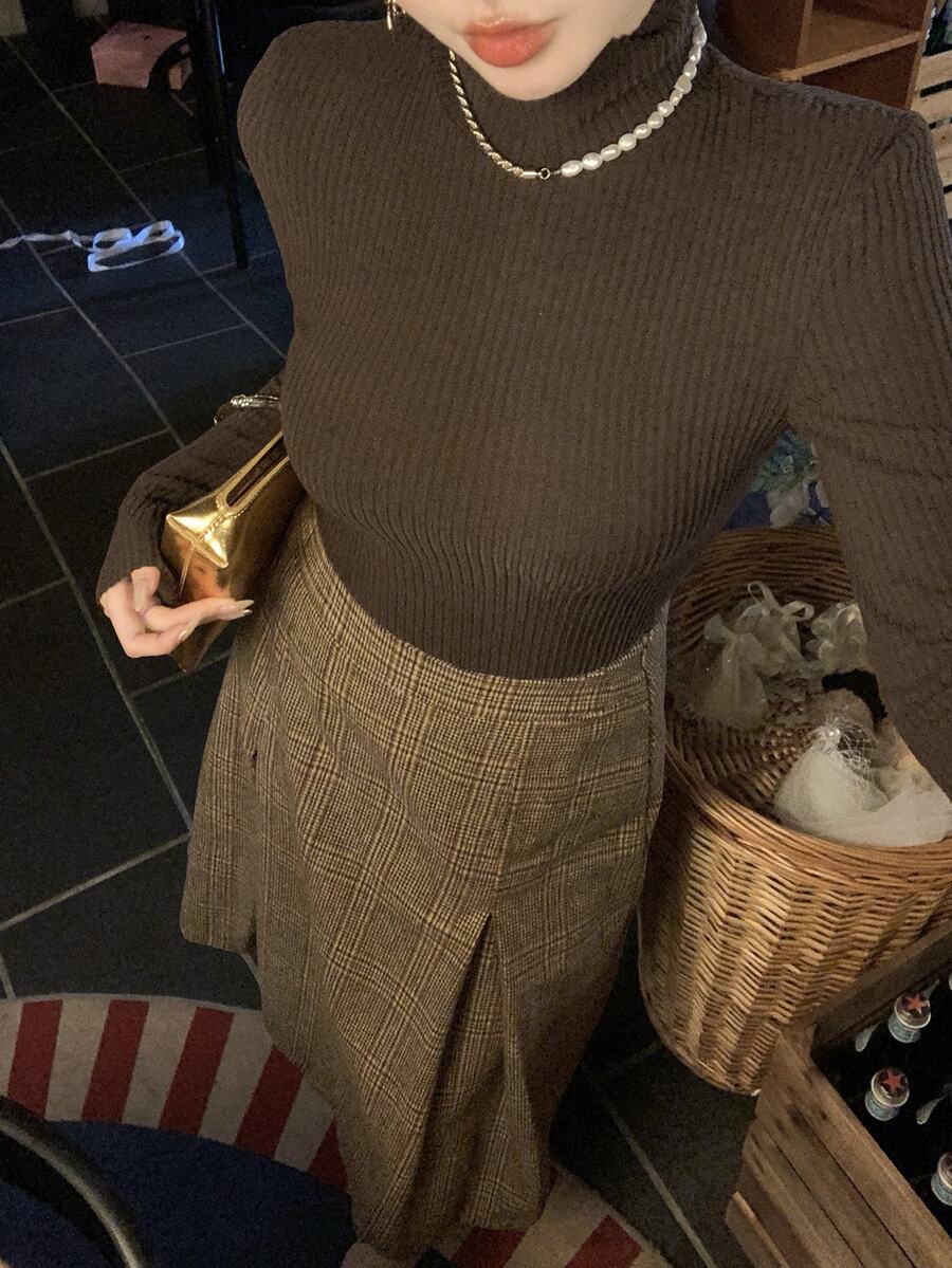 DAZY Women's High Neck Sweater And Plaid Straight Skirt Elegant Casual 2 Pieces Set - Khaki - View 1