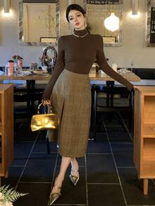 DAZY Women's High Neck Sweater And Plaid Straight Skirt Elegant Casual 2 Pieces Set - Khaki - View 5