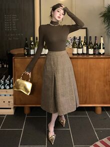 DAZY Women's High Neck Sweater And Plaid Straight Skirt Elegant Casual 2 Pieces Set - Khaki - View 2