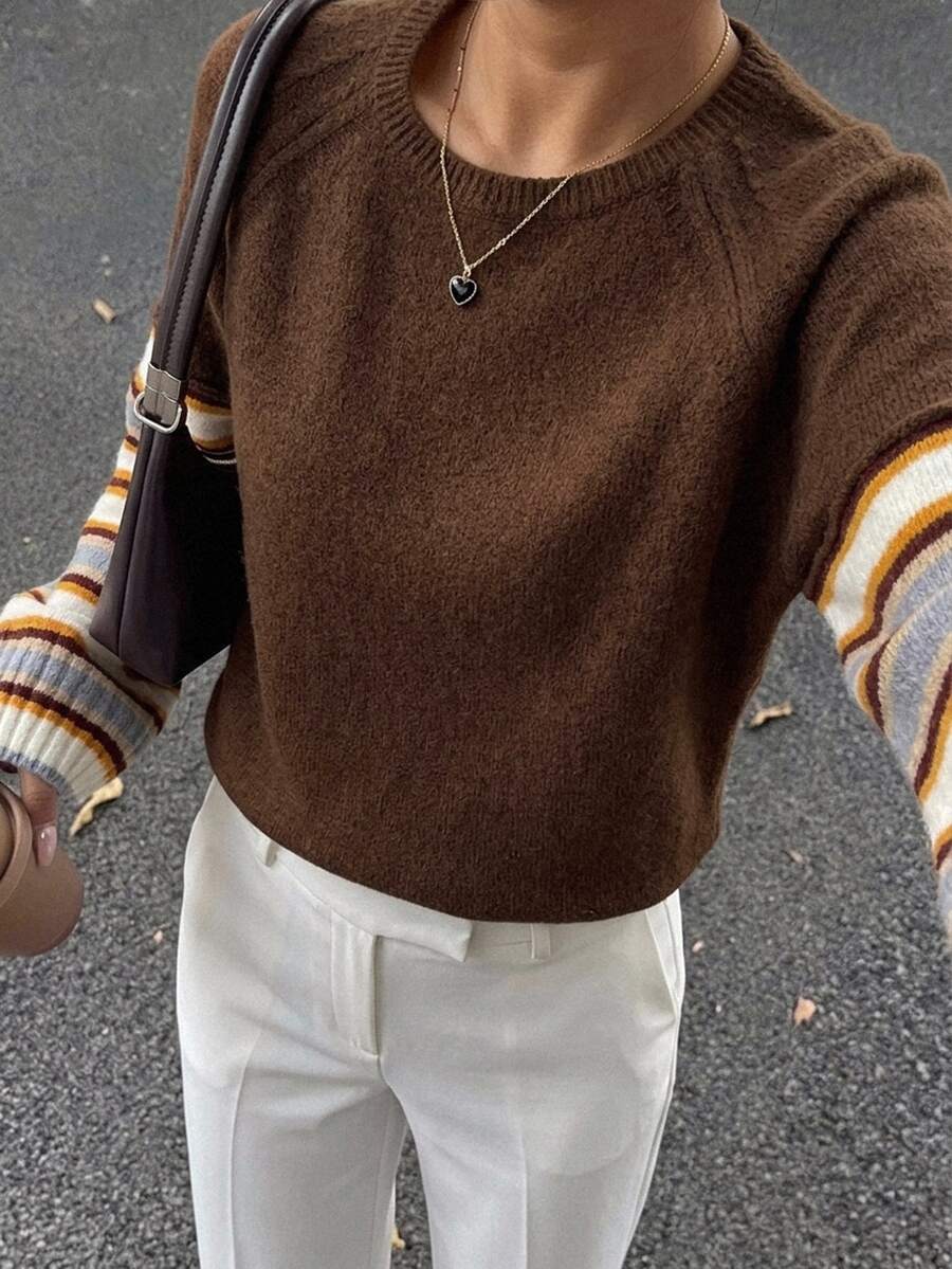 Livesso Women's Winter Coffee Brown Round Neck Long Sleeve Cable Knit Slim Fit Ribbed Casual Sweater - Coffee Brown - View 1