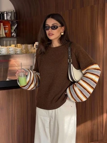 Livesso Women's Winter Coffee Brown Round Neck Long Sleeve Cable Knit Slim Fit Ribbed Casual Sweater - Coffee Brown - View 6