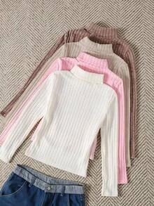 Tween Girl Autumn/Winter Daily Casual All-Match Minimalist Versatile Turtleneck T-Shirt 4pcs Set, Lotus Pink, Beige, Khaki, Brown, Thermal Lined Thickened Knit Ribbed Textured All-Match T-Shirt, Random 4pcs - Multicolor - View 3
