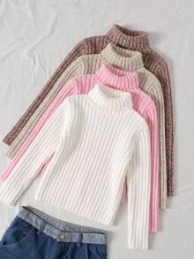 Tween Girl Autumn/Winter Daily Casual All-Match Minimalist Versatile Turtleneck T-Shirt 4pcs Set, Lotus Pink, Beige, Khaki, Brown, Thermal Lined Thickened Knit Ribbed Textured All-Match T-Shirt, Random 4pcs - Multicolor - View 4
