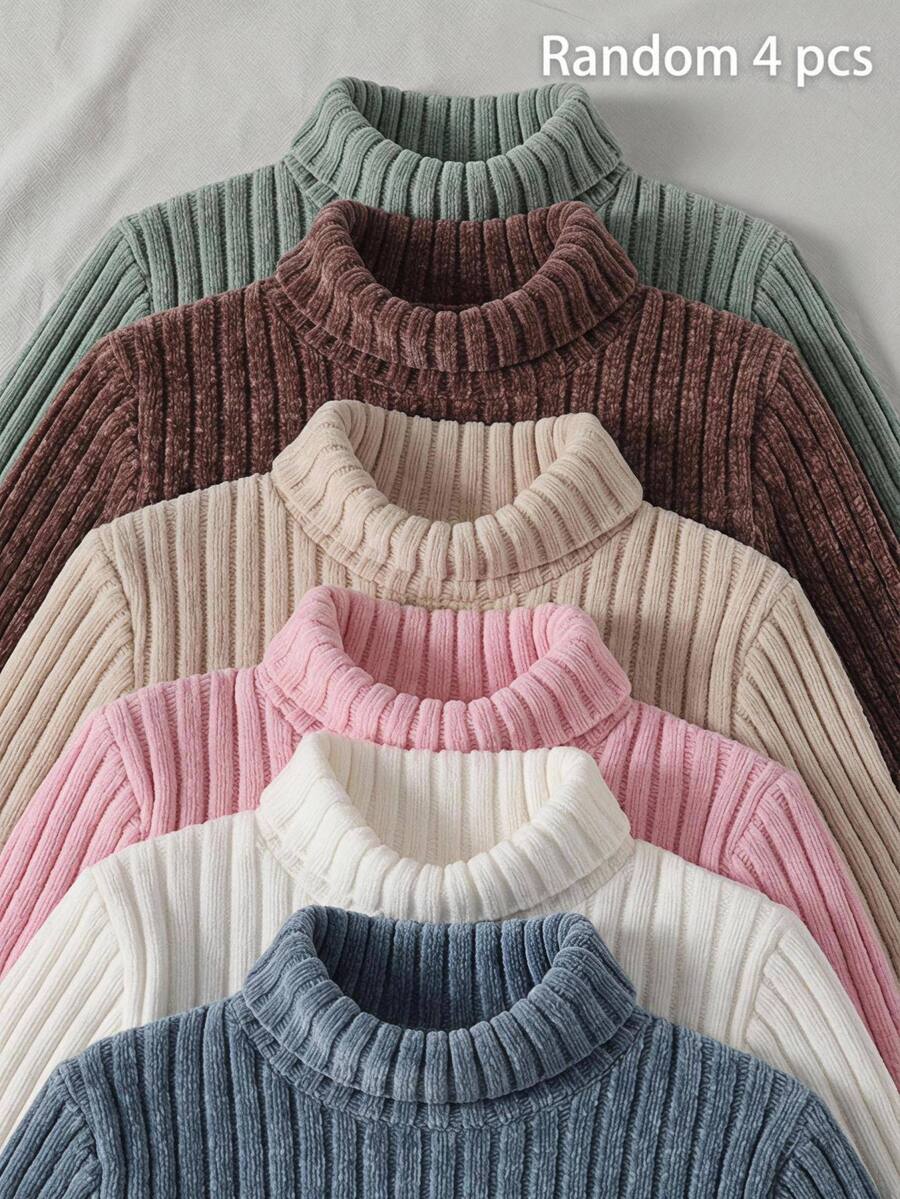 Tween Girl Autumn/Winter Daily Casual All-Match Minimalist Versatile Turtleneck T-Shirt 4pcs Set, Lotus Pink, Beige, Khaki, Brown, Thermal Lined Thickened Knit Ribbed Textured All-Match T-Shirt, Random 4pcs - Multicolor - View 1