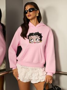 Betty Boop x SHEIN Women's Cartoon Print Long Sleeve Pocket Sweatshirt Betty Boop - Pink - View 3