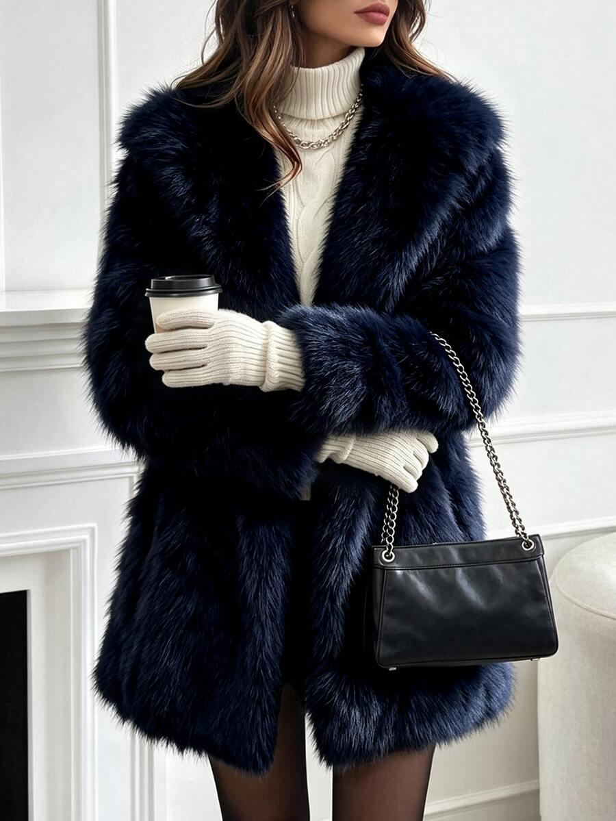 Weeklong Autumn/Winter Plus Size Women's Navy Blue Thick Faux Fox Fur ...