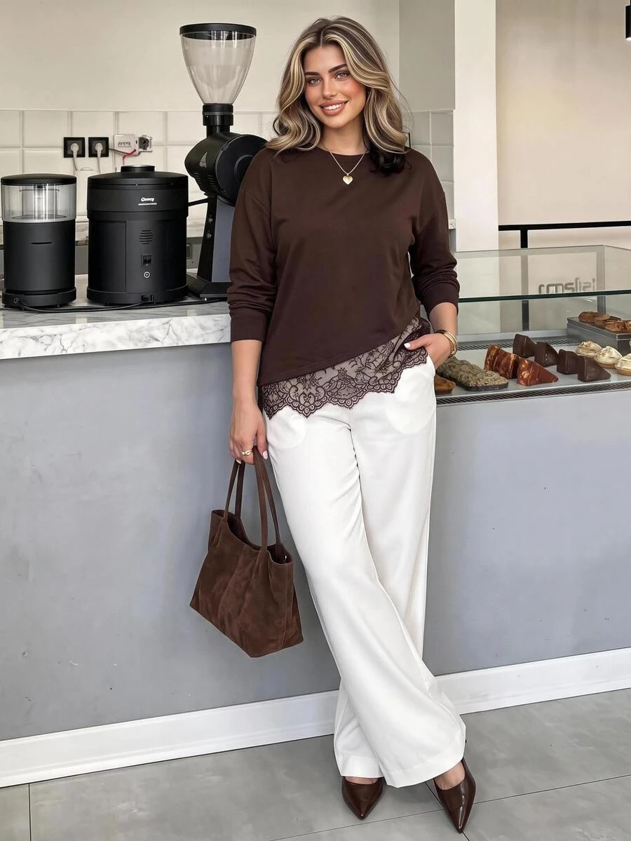 Easura Plus Size Women's Autumn/Winter Lace Patchwork Drop Shoulder Commuter T-Shirt Fall/Winter Chic Fall - Chocolate Brown - View 1