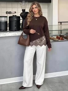 Easura Plus Size Women's Autumn/Winter Lace Patchwork Drop Shoulder Commuter T-Shirt Fall/Winter Chic Fall - Chocolate Brown - View 3