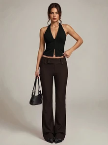 SHEIN Tall 時尚百搭純色低腰長褲 - 咖啡棕 - 查看 4