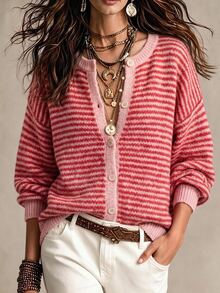 SHEIN Women's New Loose Casual Colorblock Striped Vintage Button Jacket - Watermelon Pink - View 5