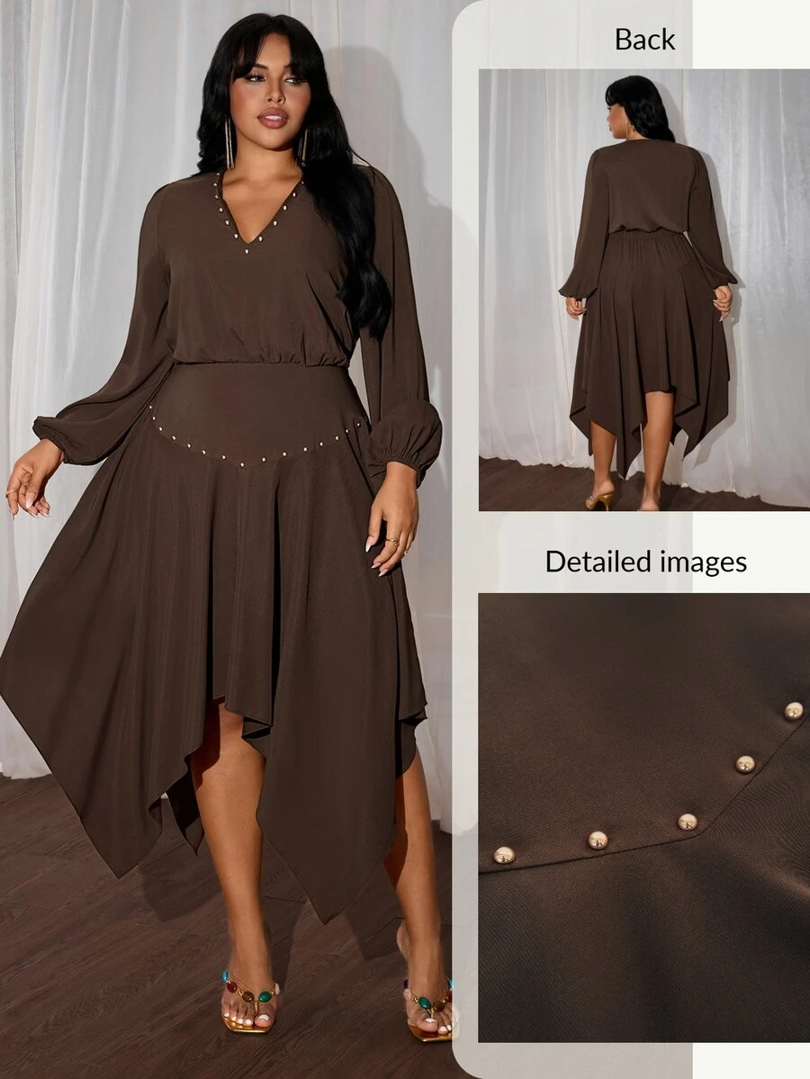 Rustia Plus Size Women's Fall French Chic Elegant Christmas Holiday Party Cocktail Sophisticated Solid Color V-Neck Flared Hem Long Sleeve Long Dress Brown