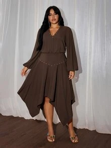 Rustia Plus Size Women's Fall French Chic Elegant Christmas Holiday Party Cocktail Sophisticated Solid Color V-Neck Flared Hem Long Sleeve Long Dress Brown - Brown - View 7