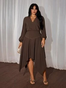 Rustia Plus Size Women's Fall French Chic Elegant Christmas Holiday Party Cocktail Sophisticated Solid Color V-Neck Flared Hem Long Sleeve Long Dress Brown - Brown - View 6