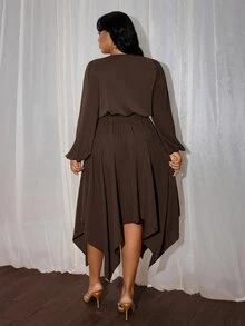 Rustia Plus Size Women's Fall French Chic Elegant Christmas Holiday Party Cocktail Sophisticated Solid Color V-Neck Flared Hem Long Sleeve Long Dress Brown - Brown - View 3