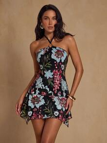 Glamine Women Halter Metal Ring Floral Sequin Embroidered Mini Dress Sleeveless A‑Line Y2K Fall Night Out Party Going‑Out Dress - Blue - View 5
