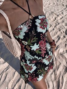 Glamine Women Halter Metal Ring Floral Sequin Embroidered Mini Dress Sleeveless A‑Line Y2K Fall Night Out Party Going‑Out Dress - Blue - View 7