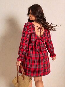 Elaquor Plus Size Vacation Fashion Square Neck Plaid Dress Christmas Day Party Dress For Women Elegant Thanksgiving Day Red Plaid Dress For Women Fall/Winter - Red - View 1