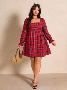 Elaquor Plus Size Vacation Fashion Square Neck Plaid Dress Christmas Day Party Dress For Women Elegant Thanksgiving Day Red Plaid Dress For Women Fall/Winter - Red - View 4