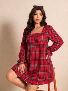 Elaquor Plus Size Vacation Fashion Square Neck Plaid Dress Christmas Day Party Dress For Women Elegant Thanksgiving Day Red Plaid Dress For Women Fall/Winter - Red - View 5