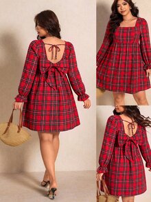 Elaquor Plus Size Vacation Fashion Square Neck Plaid Dress Christmas Day Party Dress For Women Elegant Thanksgiving Day Red Plaid Dress For Women Fall/Winter - Red - View 3
