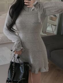 DAZY Solid Color Fitted Waist Hollow Out Frill Trim Drawstring Tie Elegant Vacation Korean Style Spring Autumn Short Sweater Dress For Women - Grey - View 1