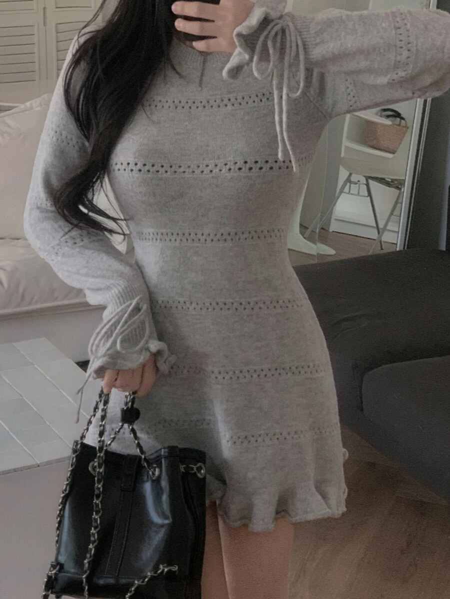 DAZY Solid Color Fitted Waist Hollow Out Frill Trim Drawstring Tie Elegant Vacation Korean Style Spring Autumn Short Sweater Dress For Women - Grey - View 1