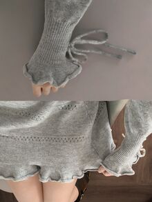 DAZY Solid Color Fitted Waist Hollow Out Frill Trim Drawstring Tie Elegant Vacation Korean Style Spring Autumn Short Sweater Dress For Women - Grey - View 10