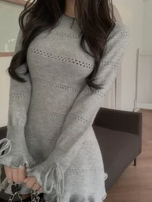 DAZY Solid Color Fitted Waist Hollow Out Frill Trim Drawstring Tie Elegant Vacation Korean Style Spring Autumn Short Sweater Dress For Women - Grey - View 5