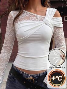 Elyressa Asymmetrical One Shoulder Long Sleeve Top Lace Patchwork Twist Front Ruched Slim Fitted Blouse - Multicolor - View 5
