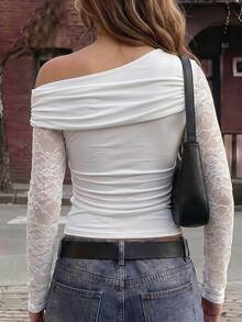 Elyressa Asymmetrical One Shoulder Long Sleeve Top Lace Patchwork Twist Front Ruched Slim Fitted Blouse - Multicolor - View 2