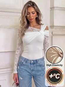 Elyressa Asymmetrical One Shoulder Long Sleeve Top Lace Patchwork Twist Front Ruched Slim Fitted Blouse - Multicolor - View 1
