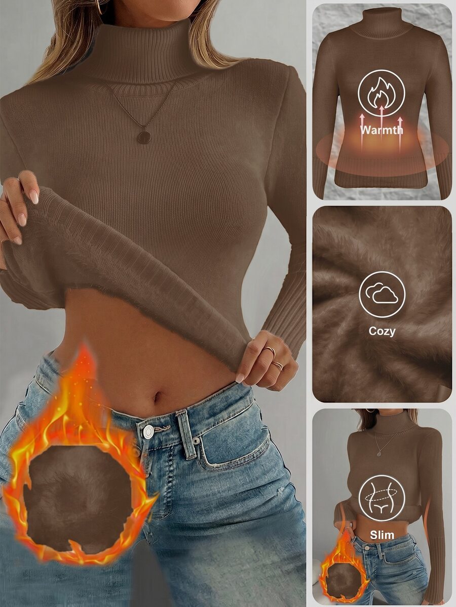 Franclia European And American Autumn/Winter Fashionable All-Match High Neck Thickened Seamless Fitted Thermal Knit Sweater Knit Pullover Fall - Coffee Brown - View 1