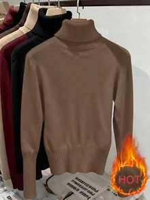 Franclia European And American Autumn/Winter Fashionable All-Match High Neck Thickened Seamless Fitted Thermal Knit Sweater Knit Pullover Fall - Coffee Brown - View 3